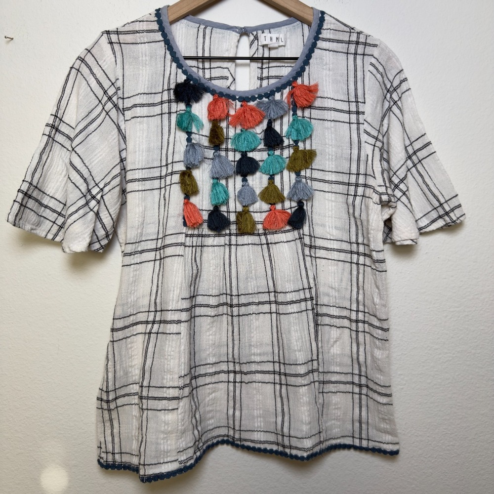 THML Women Boho Top Medium White Plaid Embroidered Cotton Gauze Western Peasant